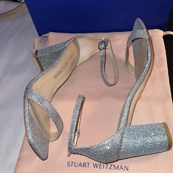 Stuart Weitzman Nudistcurve 75 block heels silver ankle strap sandals Sz 10.5 B - Picture 10 of 16